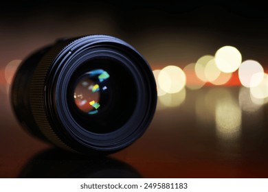 Close-up of Camera Lens with Bokeh Lights in Background - Photography, Lens, Bokeh, Focus, Reflection