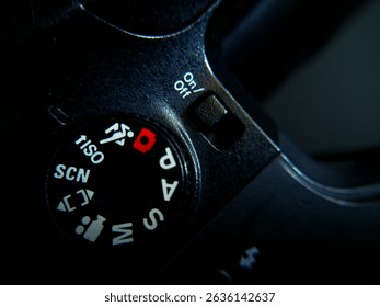 Close-up of a camera mode dial