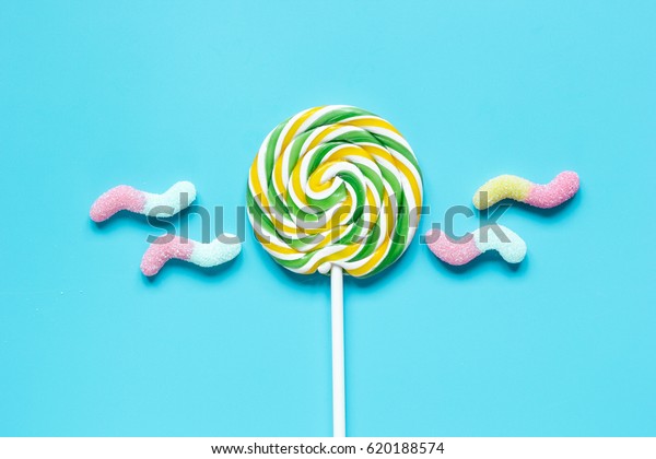 Download Closeup Candy On Blue Table Background Stock Photo Edit Now 620188574