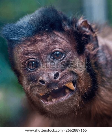 Closeup of a capuchin monkey baring its teeth in a playful or surprised expression, highlighting its facial features.
