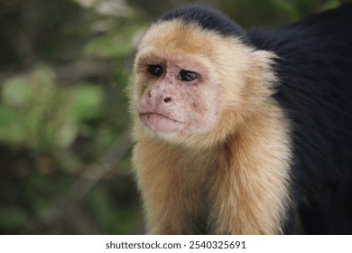 Close-up of a capuchin monkey with a pensive expression, showcasing its detailed facial features and fur texture in a natural, forested environment. Perfect for wildlife and conservation themes. - Powered by Shutterstock