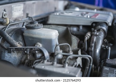 Close-up Of Car Brake Fluid Reservoir.