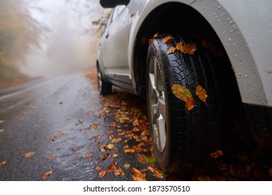 Closeup of a car with leaves stuck on wheels on a wet road in the autumn - Shutterstock ID 1873570510