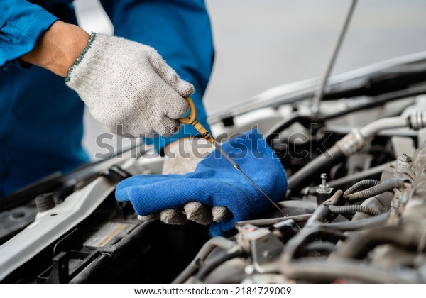 Close-up, a car mechanic\
checking the oil in a car\'s engine. Technician inspecting and\
maintaining the engine of a car or vehicle. Female car mechanic\
checking car engine