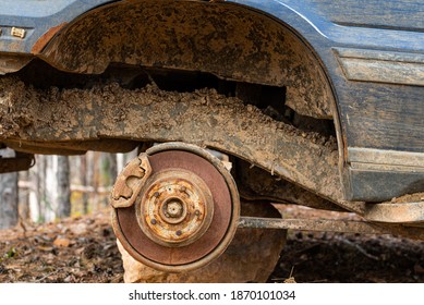 Close-up Car With Missing Wheels Stolen Car Wheel Pollution And Crime Problem Conversation Vintage Rusted Detail Discarded In Autumn Forest In Bulgaria, Eastern Europe