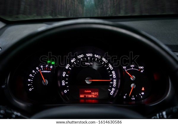 A close-up of a car panel with a speedometer\
indicating a huge speed of 220 km per hour, a tachometer at 5000\
rpm, oil and gasoline levels. The car rides on the highway at high\
speed along the forest