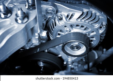 Closeup Car Timing Belt In Clean Engine Room