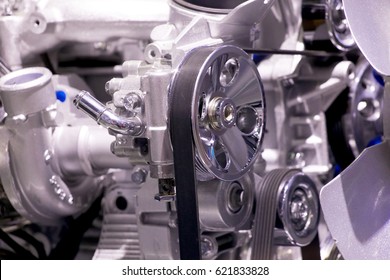 Closeup Car Timing Belt In Clean Engine Room