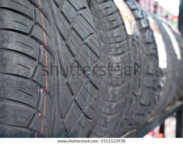 closeup of car
tires texture at the tyre
shop.