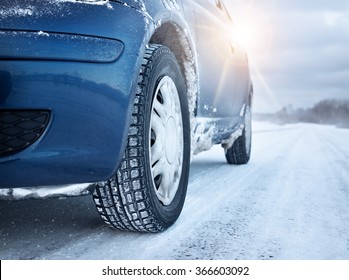 Closeup of car tires in winter 