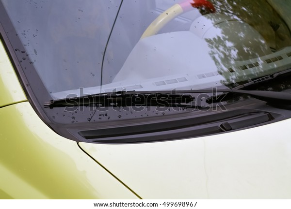 Closeup of car wiper\
in a rainy autumn day