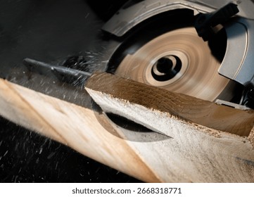 Close-up of a carpenter using a circular saw to cut a large board of wood 