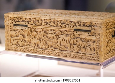 Close-up of a carved ivory storage box in Lingnan style, Guangdong, China