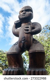 A Closeup Of A Carved Pou New Zealand, Maori Culture