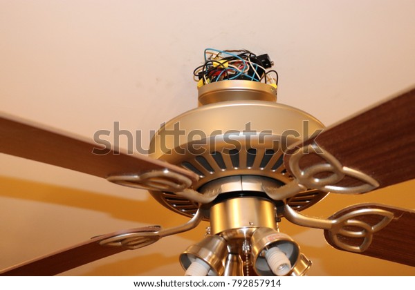 Closeup Ceiling Fan Installation Exposed Wires Stock Photo