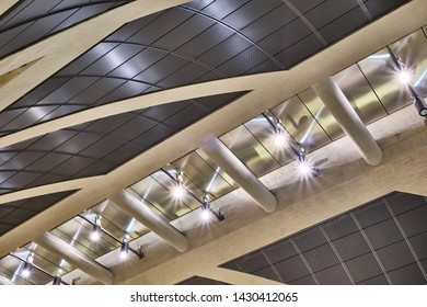 Close-up of a ceiling lighting in subway, with geometric modern structure, engineering and industrial facility, modern architecture. - Shutterstock ID 1430412065