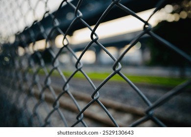 Close-up of a chain-link fence with blurred railway tracks in the background. The shallow depth of field highlights the fence - Powered by Shutterstock