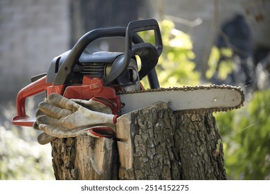 Close-up of a chainsaw and gloves on a tree stump in a garden, symbolizing woodworking tools and safety for outdoor landscaping tasks. - Powered by Shutterstock