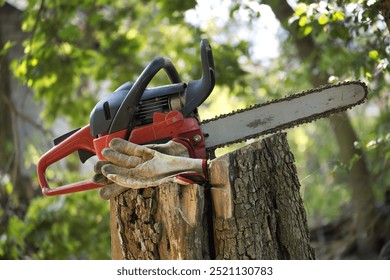 Close-up of a chainsaw and gloves on a tree stump in a garden, symbolizing woodworking tools and safety for outdoor landscaping tasks. - Powered by Shutterstock