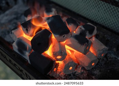 Close-up of charcoal briquettes glowing with intense heat in a grill, ready for cooking. This image captures the essence of outdoor grilling and the anticipation of delicious food. - Powered by Shutterstock