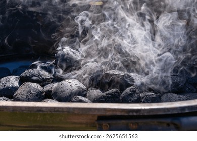 Close-up of charcoal briquettes heating in a grill with white smoke rising. The coals are still mostly black, indicating the early stage of lighting.