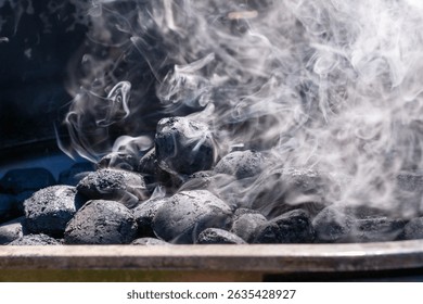 Close-up of charcoal briquettes heating in a grill with white smoke rising. The coals are still mostly black, indicating the early stage of lighting.