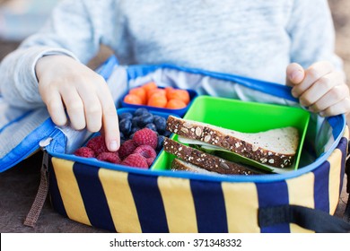 Close-up Of Cheerful Schoolboy Eating Healthy Lunch Outdoor