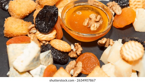Close-up of a cheese platter with honey, dried fruits, crackers, and nuts on a black slate background, representing gourmet appetizer concept
