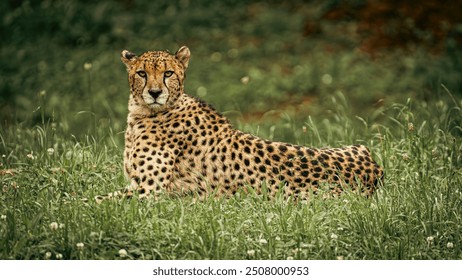 Close-up of a cheetah resting in the grasslands, with intense eyes scanning the surroundings. The sleek, spotted fur and alert gaze capture the essence of this majestic predator in its natural habitat - Powered by Shutterstock