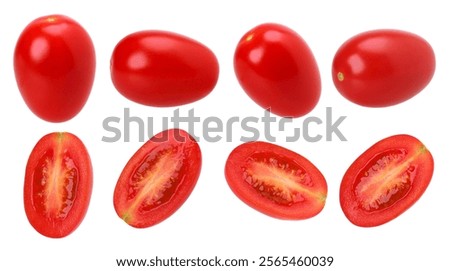 Close-up, Cherry tomatoes and halved isolated on a white background, clipping path, Collection