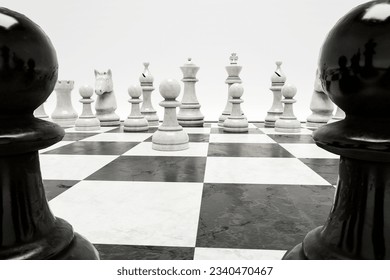 Close-up chess pieces are in the process of playing.