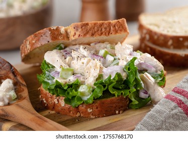 Closeup Of Chicken Salad Sandwich With Lettuce On Whole Grain Bread