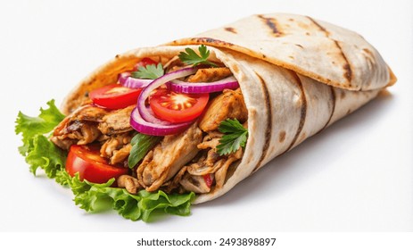 A close-up of a chicken shawarma wrap with lettuce, tomato, and onion on a white background.