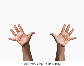 Closeup of children's hands are raised up with white background - Powered by Shutterstock