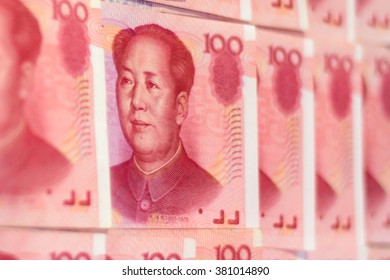 Closeup Chinese Currency Renminbi Banknotes. Economy In China.