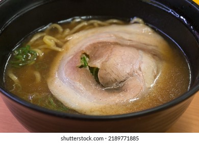 Closeup Chinese Noodles With Roasted Pork Fillet.Japanese Cuisine