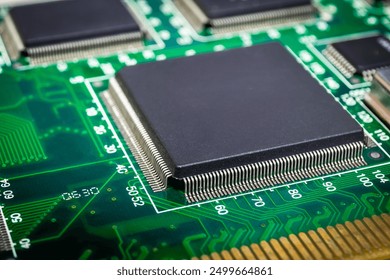 Closeup of Chips on boards of computer and smart devices Processing phone. Select focus and Copy space background
