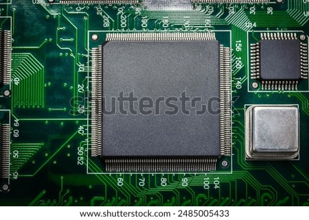 Closeup of Chips on boards of computer and smart devices Processing phone. Select focus and Copy space background