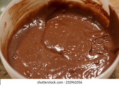 Close-up Of Chocolate Cake Batter In A White Bowl