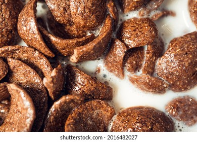 Closeup Of Chocolate Cereal With Selective Focus. Shallow Depth Field. Healthy Food Concept