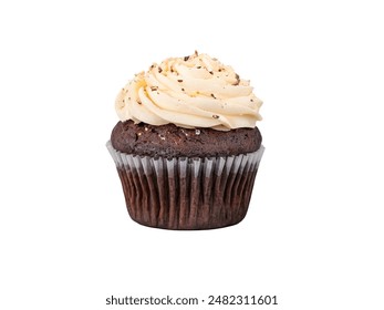 Closeup chocolate cupcake with white cream isolated on white background - Powered by Shutterstock