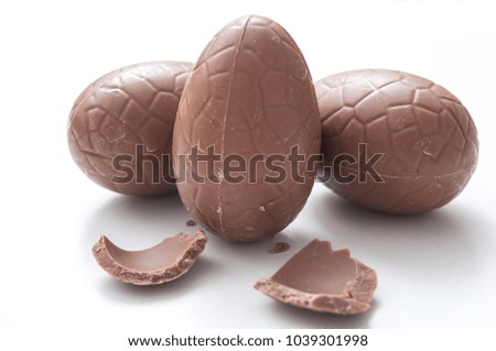 closeup of chocolate easter eggs broken on white background