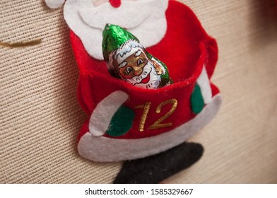 Closeup Of Chocolate In Shaped Santa Claus On Advent Calendar 