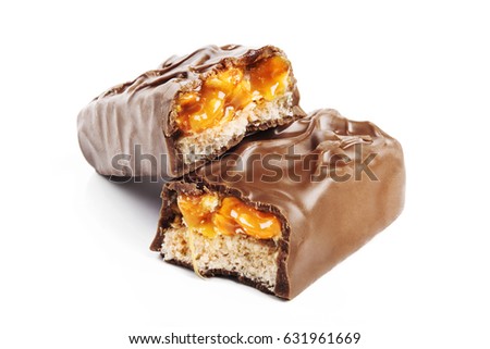 Closeup of chocolate,peanut and caramel bar isolated on white with clipping path