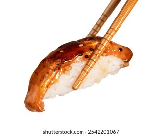 Close-up of chopsticks lifting a piece of sushi with grilled eel, teriyaki sauce, and sesame seeds, isolated on white background - Powered by Shutterstock