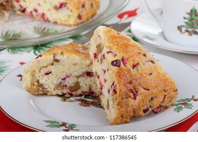 Closeup Of A Christmas Plate Of Cranberry And Nut Scones