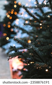 Close-up of a Christmas tree branch illuminated by twinkling lights amidst the festive ambiance of an Xmas market. An emblem of holiday spirit, ideal for seasonal and celebratory projects