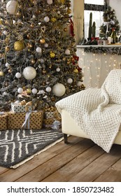  Close-up Christmas Tree With Gifts Near White Sofa In Living Room With Panoramic Windows At Morning. New Year Christmas Concept, Free Space