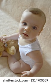 Closeup Chubby Little Baby Girl Playing With Her Favourite Teddy Bear