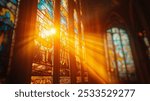 A close-up of a church stained glass window, showcasing intricate religious artwork, captured at an angle and time that vividly illuminates the glass with a warm feel. 